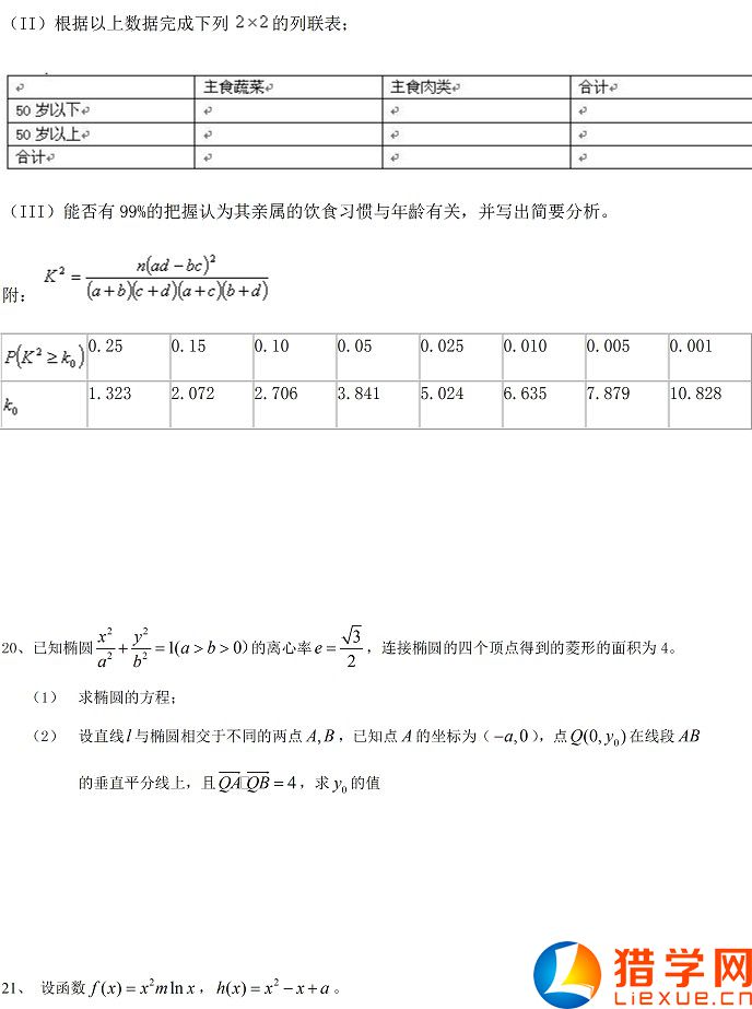 2016年全国高考一模文科数学试题及答案（新课标2卷）