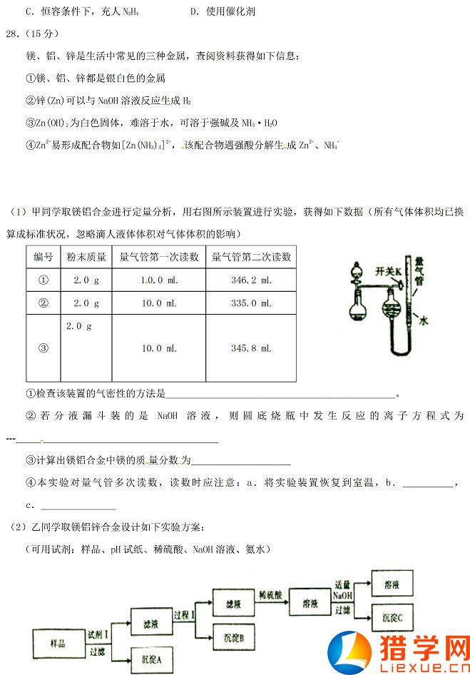 2016年全國(guó)高考一模理綜試題及答案（新課標(biāo)II卷）