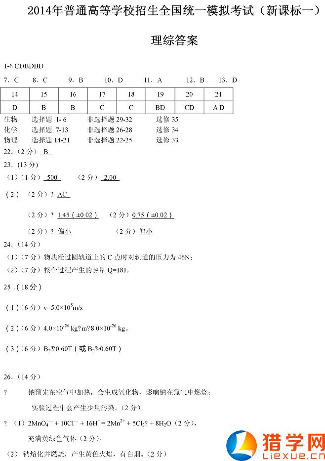 2016年全國(guó)高考一模理綜試題及答案（新課標(biāo)1卷）