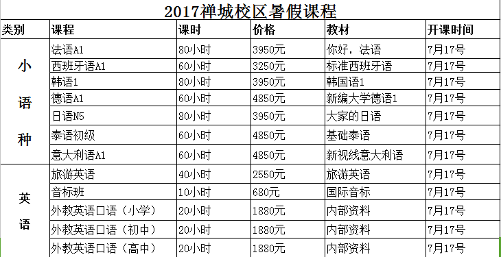 2017禅城校区暑假课程